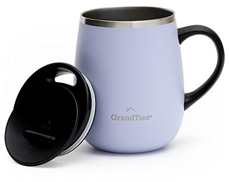 GRANDTIES Tazza da caffè termica con manico – coperchio scorrevole per proteggere dagli schizzi – Tazza termica da 473,6 g con doppia parete sottovuoto in acciaio inox per mantenere i