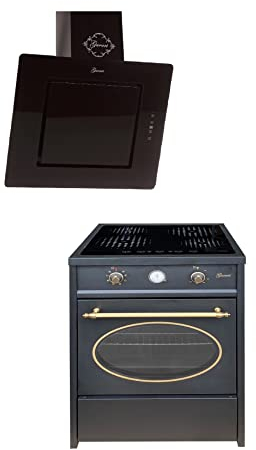 GURARI Herdset GCH E 612 BL r + GCH S 155 60 BL Prime, Retro Induktions Standherd 60 cm, Range Coocker, 60 L, Schwarz + Dunstabzugshaube, Wandhaube, Kopffrei Haube 60 cm, Schwarzglas, Abluft/Umluft