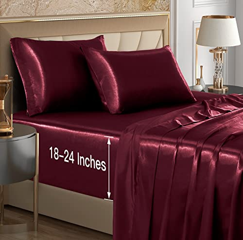 VACVELT 4pcs Extra Deep Pocket Satin Sheets Queen Size Bed Set, Burgundy Satin Sheet Set Fit 18-24 Inch Deep Pocket Mattress, Silky & Luxury Satin Bedding Set Soft & Ultra Deep Fitted Sheet Set