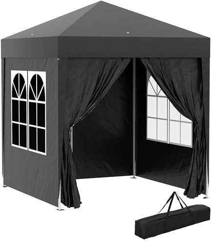 Outsunny paviljong 2 x 2 m vattentät, popup hopfällbar paviljong med 4 sidoväggar, avloppshål fönster, vikbart festtält UV 30+, trädgårdstält med bärväska, trädgårdspaviljong för terrass, svart