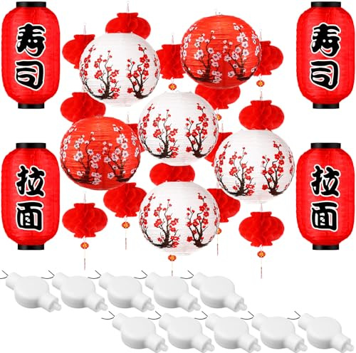 Tuanse 40 Pcs Japanese Chinese Paper Lanterns Decorations LED Cherry Blossom Chinese Red Paper Lantern Lights for Indoor Outdoor(White, Red)