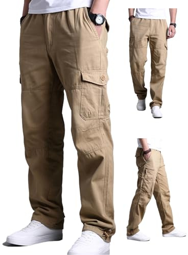 Aotoyou Pantalon Cargo Homme avec Poches Pantalon de Travail Grande Taille Elastique Randonnée 100% Coton, Kaki XL