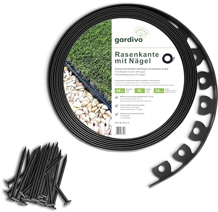 GARDIVO Schwarz Rasenkante Flexible Kunststoff | 10m Lang 4cm Hoch | 25 Starke Befestigungsnägel | Beetumrandung Beeteinfassung Beetbegrenzung Mähkante Palisade Pflastersteine
