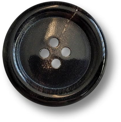 4er Set dunkelbraune, fast schwarze Büffelhornknöpfe mit vier Knopflöchern und gewölbtem Rand. Ø: ca. 25mm!