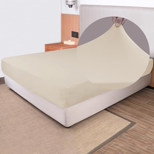 Soft Stretch King Size Fitted Sheet Only - Jersey Knit & Cozy T-Shirt Like, 4-Way Stretchy Snug Fit & Wrinkle Free, No More Slipping Mattress Sheets - Creamy Beige, King