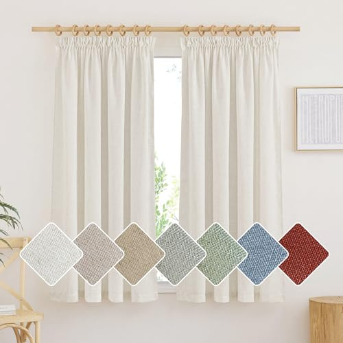 PONY DANCE Leinen Vorhang Kurz Gardinen Halbtransparent mit Kräuselband | Creme,H160 x B140 cm,2er Set,Leinenvorhang Schienensystem,Boho Gardinen Leinenoptik Schlafzimmer/Küche,Linen Curtains