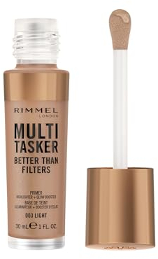 Rimmel Multi Tasker Better Than Filters, 003 Light, 3 in 1 Face Primer, Glow Booster and Highlighter, Flawless Finish, Infused with Vitamin C and E, Maxi Soft Applicator, Vegan, 30ml