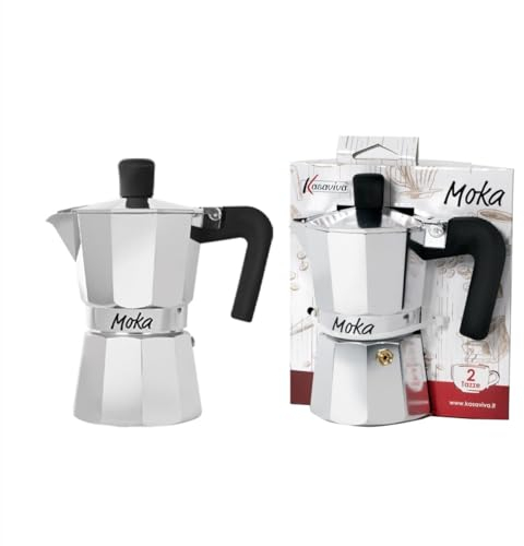 Kasaviva MOKA, Caffettiera per Caffè Espresso, con Manico Anti Scottatura, in Alluminio (2 Tazze)
