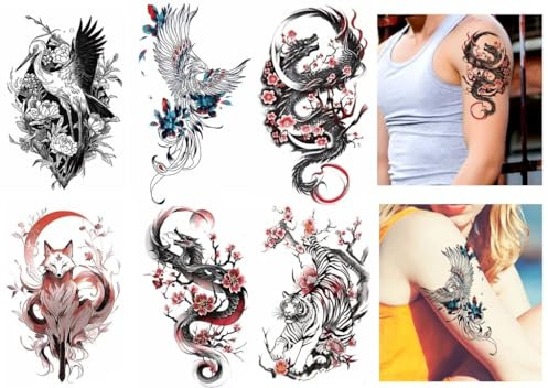 BeyondTattoos 6 Blätter Temporäre Japan Tattoos Mit Drachen, Phönix, Fuchs, Tiger Und Kranich Motiven