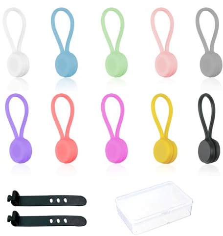 40 Pieces Reusable Magnetic Cord Ties,Silicone Straps Cable Ties, Reusable Silicone Cable Clips,with Box,for Charging Cables USB Cables Earphones,Mouse in Home Office Table Desk (10 Colors)