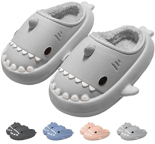 IDEINER Hiver Requin Chaussons Femme Homme Doublure en Peluche Pantoufles Winter Shark Slides Slippers Chauds Fermées Imperméables Antidérapantes Memoire Forme Chaussures Adulte Gris Taille 36/37
