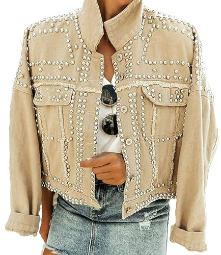 FYHTC Damen Modische Kurze Jeansjacke mit Revers, Langen Ärmeln Button Down Jeansjacke mit Nieten Mantel(Beige,Large)