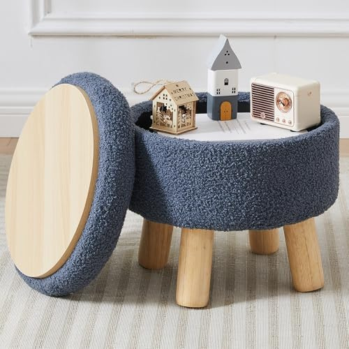 BRIAN & DANY Fußhocker mit Stauraum, Kleiner Stauraum, Ottomane, Teddy-Fleece Runder Hocker mit Deckel, Sherpa Fußhocker mit Beinen für Wohnzimmer Eingangsbereich, Blau