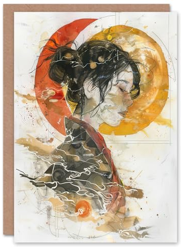 Artery8 Otaku Weibliche Samurai Aquarell Porträt Geburtstagskarte