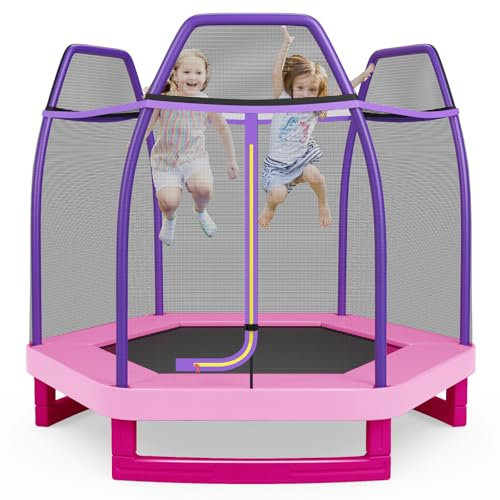 GOPLUS φ223cm Trampoline pour Enfant avec Filet de Sécurité, Tapis de Saut Haute Élasticité et Fermeture Éclair en Forme L, Charge 150kg, Trampoline Intérieur & Extérieur pour Enfant 3 Ans+