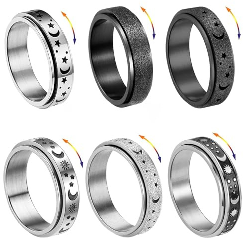 LOCCY 6Pcs Hommes Acier Inoxydable Bague Noir/Argent Bague Lune Étoile Bagues Anti Stress en Acier Inoxydable pour Femme Homme Anneau Spinner Mariage Promise Bagues Fiançailles Anneau (54)