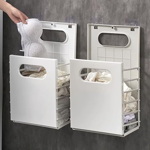 WNGJZZYC 2 Faltbarer Wäschekorb, Wäschesammler aus Kunststoff mit Griff, Wäschekörbe zur Wandmontage, Weißgrau, für Wäsche, Schlafzimmer, Badezimmer