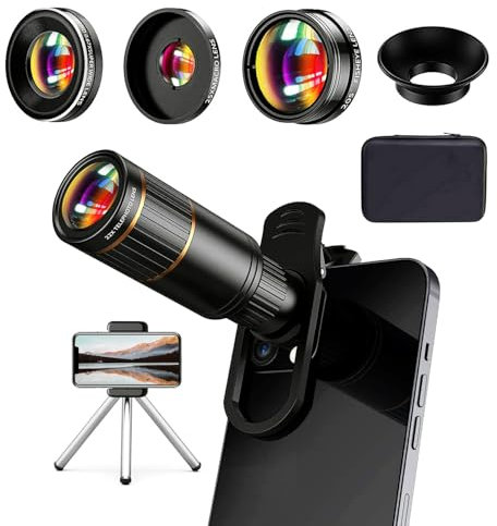 Kit d'objectifs d'appareil photo COSULAN 4 en 1, livré avec téléobjectif 22x, objectif fisheye 205°, objectif grand angle 4K 0,67x, objectif macro 25x, clip et mini trépied pour iPhone et téléphones