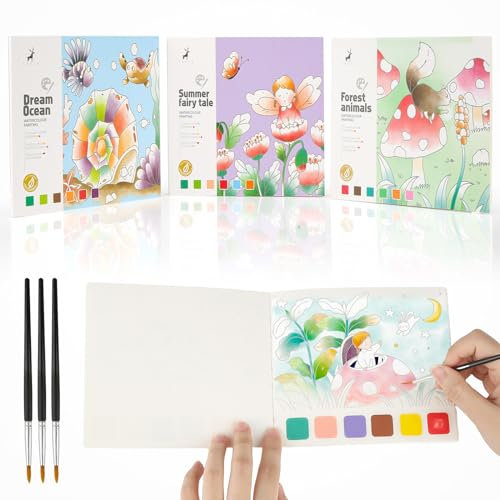 3 Stück Aquarell Malbuch Kinder Mit Wasserfarben Block, 60 Seiten Wasserfarben Malbuch mit Wassertankpinsel, 3 Themen Pocket Aquarell Watercolor Painting Book für Kinder