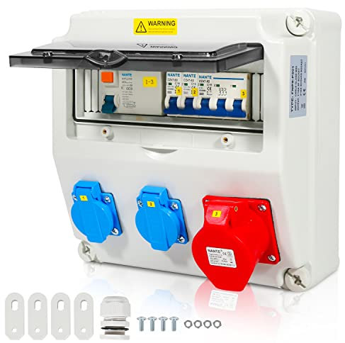 Peviasot Construction Power Distributor, Wall Distributor with FI Switch LS Switch, 2 x Schuko Socket and CEE Socket 16 A Power Distribution 5 Pin, Power Distribution for Construction Site Indoor