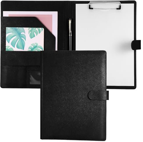 JIANTA Schreibmappe A4 in Schwarz, Konferenzmappe aus PU-Leder, Klemmbrettmappe mit Dokumentenfächern, Stiftehalter, Dokumententasche und Magnetverschluss