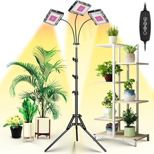 Rosnek Pflanzenlampe LED mit Ständer, UV-IR Vollspektrum LED Wachstumslichter, mit 4/8/12-Stunden-Timer, Dimmbares Pflanzenlicht Wachstumslampen für Pflanzen Pflanzenleuchte 3 Lichter