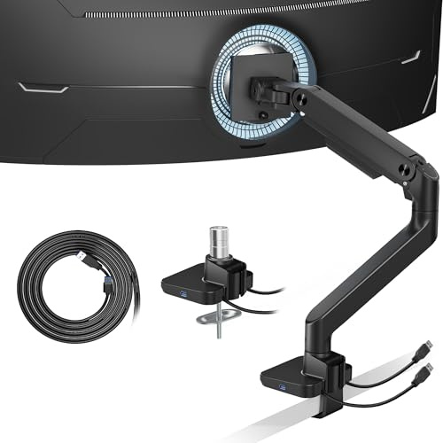 ARES WING Monitorhalterung 17–49 Zoll Bildschirme bis 20kg mit USB, schwarz | Ultrawide Monitorarm Tischhalterung mit Gasfeder für Flach- & Curved-Monitore, höhenverstellbar, Kabelführung,VESA 75/100 mm