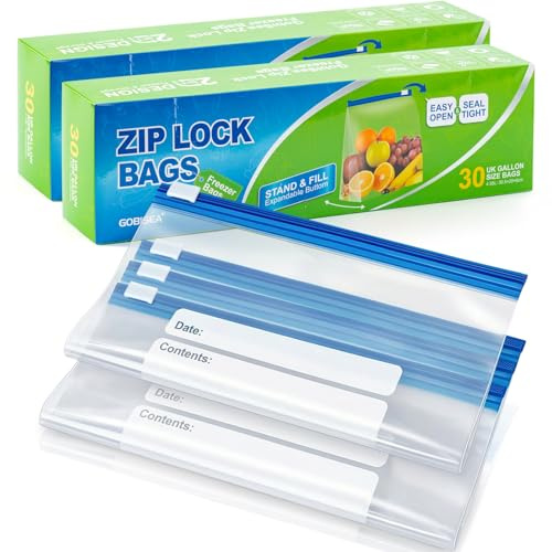 GobiSea 60-Pack Zip Lock Freezer Bags - 4.55L, Ziplock Sandwich Bags Food Storage Bag Zip Seal, BPA-Free Freezer Bag Ziplock with Expandable Bottom for Fruits, Veggies, Meat, Grains