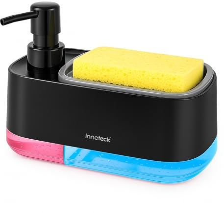 Innoteck Essentials 3-in-1 Hand & Dish Soap Dispenser with Sponge Holder – Sturdy Plastic, Visible Liquid Gauge, Easy Pump Action, Non-Slip Base, Water Collection – 420ml + 380ml Capacity