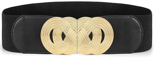 Waist Wow Breiter Elastischer Taillengürtel Stretchgürtel Damen Breit für Kleid mit Modischer Goldener Schnalle, Rein Schwarz, XL