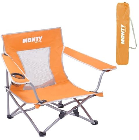 LOLAhome Silla Playa y Camping, Plegable Cierre Tijera, Estructura Acero | Pintura Epoxi anticorrosión, tejido Oxford 600 D naranja, respaldo transpirable, portavasos, bolsa transporte y reposabrazos