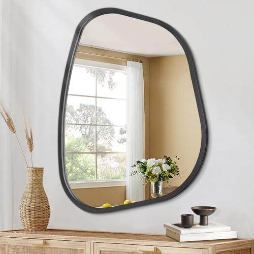 HLFMVWE Grand Miroir asymétrique Noir - 60 x 45 cm - Miroir Mural Ovale irrégulier - Cadre en Bois Moderne - Vanité - Miroir Artistique décoratif pour Salon, Chambre à Coucher, Salle de Bain