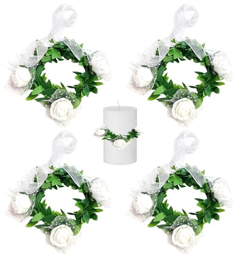 ZAHD 4 PCS tropfschutz kommunionkerze kerzenring Künstliche Kränze Tropfenfänger für Kerzen Dekorative Kerzenkränze Hochzeiten mit 4-5 cm Durchmesser für Kommunion Taufe Hochzeiten (Weiß)
