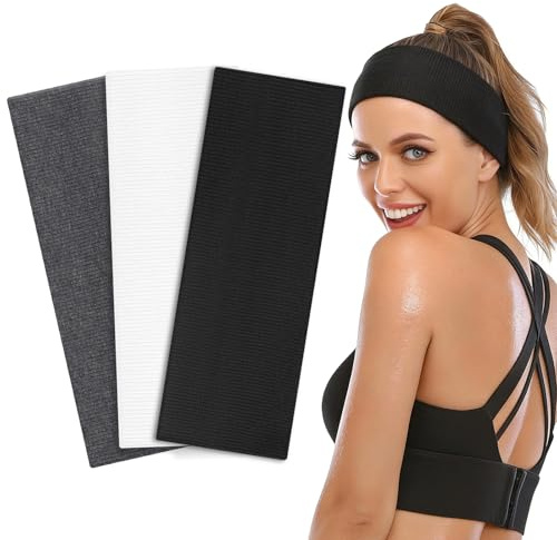 BELEVO Pannband för Kvinnor, Sport Hårband i Bomull, 3 Delar, Elastiskt Svettband, Halkfritt för Träning Yoga Löpning Fitness, Svart Beige Brun (vit)
