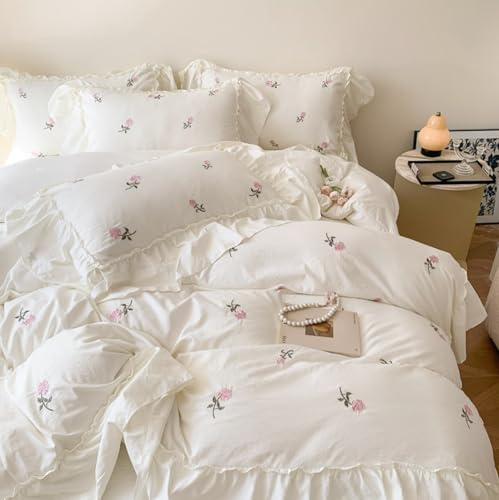 Sedefen Housse de Couette 220x240cm Blanc Volants Parure de Lit Fleurs Broderies Feuille de Lotus Romantique Microfibre Adulte Housse de Couette Avez Fermeture Éclair et 2 Taies d'oreiller 65x65cm