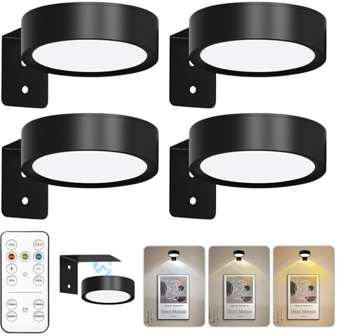 Calenxy Lot de 4 lampes pour tableau à piles avec télécommande, lampe magnétique pour tableau, 3 couleurs d'éclairage, lampe murale LED pour tableau, cible, cadre photo