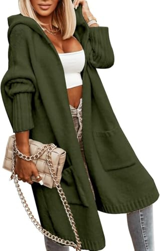 Tongmingyun Chaqueta de punto larga para mujer, cárdigan largo con capucha, chaqueta de punto grueso de invierno, informal, suelto, chaqueta de punto elegante, cárdigan largo y abierto, Verde militar