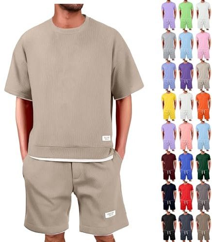 Schwarz Waffle Herren Sommer Outfit Trainingsanzug Jogginganzug Kurz Freizeitanzug Kurzarm Tshirt + Kurze Jogginghose Sets 2 Teiler Casual Sommeranzug Fitness Sportanzug Sommer Outfits Set S-3XL