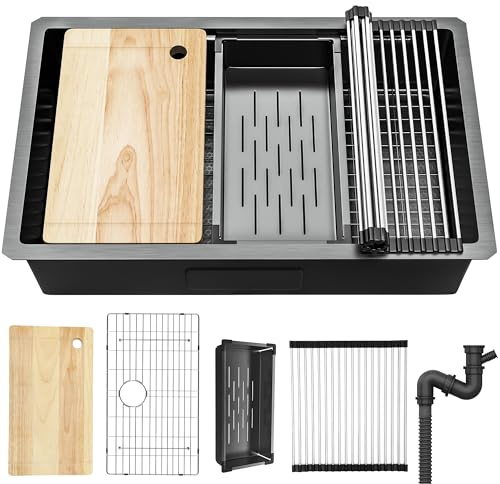 YITAHOME Kitchen Sink Undermount Workstation 32in,Gunmetal Black Stainless Steel Single Bowl w/Ledge & Accessories, Nano-treated Surface Prevents Scratches, RV, Bar Sink 32x19x10in
