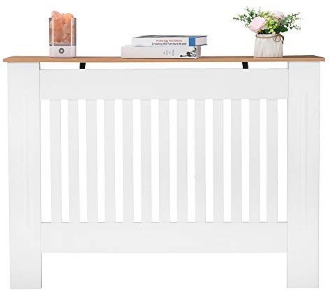 Alightup Cache Radiateur 106 x 17 x 80,5 cm en MDF Peint - Couvercle Design Armoire avec Lattes en Bois et Grille Étagère Supérieure