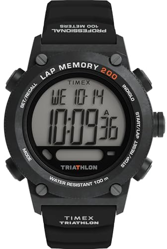 Timex Montre Triathlon 44 mm pour homme - Bracelet noir - Cadran numérique - Boîtier noir