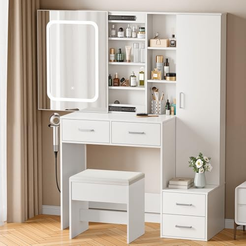 Aiorber Schminktisch mit Beleuchtung und Hocker: LED Einstellbare Helligkeit 3 Farben - Schminktisch mit Spiegel und 1 Hochschrank - Moderne frisiertisch mit 4 Schubladen 3 Offenen Ablagen, Weiß