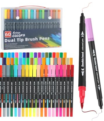 HornedDragon 60 Colori Set Pennarelli Doppia Punta (Fine & Pennello), Brush Pen Lettering per Adulti, Pennarelli Acquerellabili per Calligrafia, Bullet Journal, Pittura, Mandala, Colorazione