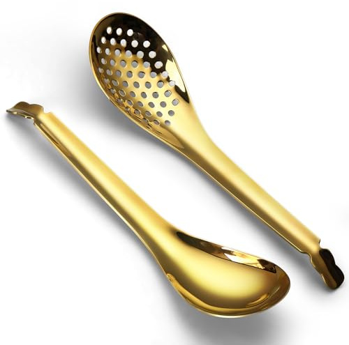 AOOSY 2 Stück perforierter Edelstahl Löffel mit 54 Löchern – kleiner Schaumlöffel für Kaviar, Eier trennen & Molekularküche – spülmaschinenfest, 17 cm, Set in Goldene