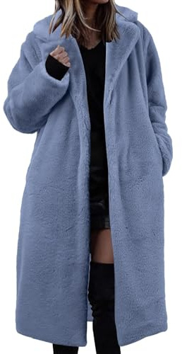 Générique Veste Polaire Femme Long Hiver Chaude Manteau Teddy Chic avec Poches Blouson Sherpa Doux Grandes Tailles Cardigan Polaire Décontracté Anorak Épais Outwear Anti-Vent Bleu 5XL