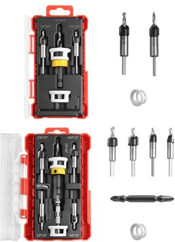 FUANA Juego de brocas avellanadas con tope de profundidad ajustable, 5 brocas cónicas M2 HSS y avellanadores de 82° para carpintería en madera natural, madera contrachapada, MDF, tablero de partículas