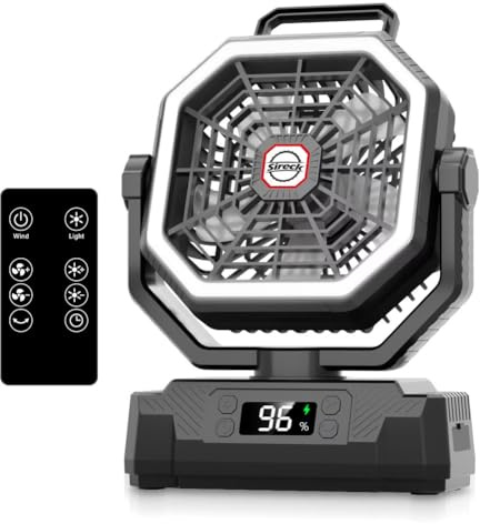 Sireck Ventilador de camping de 40000 mAh, ventilador personal portátil alimentado por batería de 10 pulgadas con control remoto, linterna LED, 5 velocidades, temporizador, pantalla digital