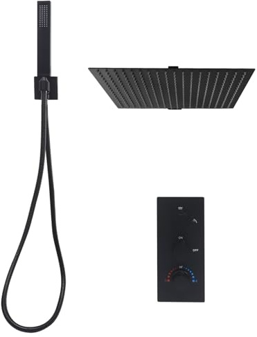40 x 40 cm infälld duscharmatur med regndusch och handdusch, duschsystem av rostfritt stål/mässing med termostat och keramisk ventil, duschset, regndusch, infällda beslag för moderna badrum (svart)