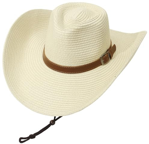 EOZY Packable & Oversied 5.12 Brim Cowboy Cowgirl Hat for Women Men Summer Beach Sun Hat with Chin Strap Beige