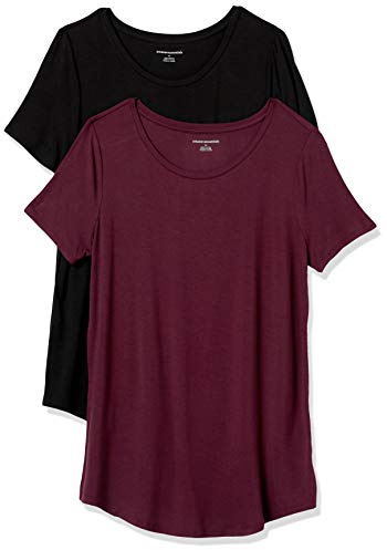 Amazon Essentials Tunica con Scollo Rotondo a Maniche Corte Donna, Pacco da 2, Nero/Bordeaux, M